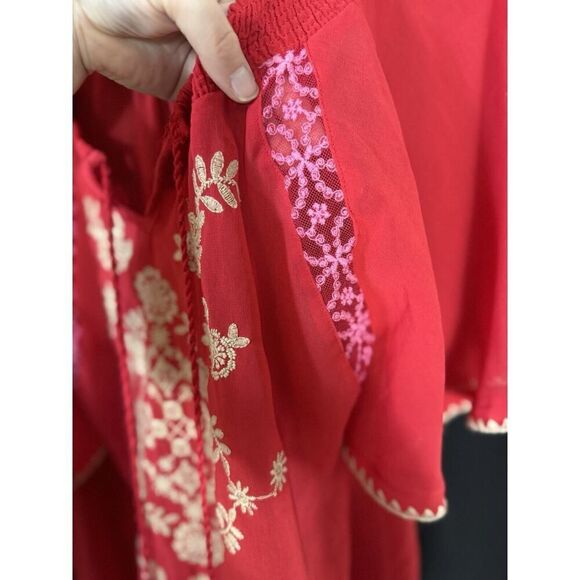 Flying Tomato Shirt Womens S Red Gold Embroidered Tasseled Blouse Boho Folk - Picture 5 of 6